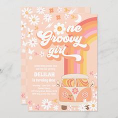 a pink and white bus with flowers on the front is in front of a card that says, two grooy