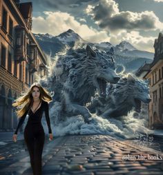 a woman walking down a street next to a giant wolf