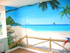 this is an image of a beach scene painted on the wall in a room with wooden railings