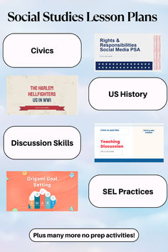 the social studies lesson plans are shown in this graphic style, and includes several activities to help