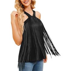 New Product 95% Polyester, 5% Elastane Zipper Closure Silkly Fabricour Flowy Fringe Tank Tops Are Made Of Soft Satin Fabrics, Which Are Lightweight, Skin-Friendly, Flexible And Breathable, Comfortable To Wear, Keeping You Cool And Stylish All Day Long. The Womens Party Casual Tops With Tassel Feature A Lustrous And Elegant Sheen, Adding A Touch Of Sophistication To Any Outfit. Elegant Designthis Halter Neck Sleeveless Silk Tank Top Features A Chic Layered Design That Adds Depth And Dimension To Casual Fringe Tops For Night Out, Spring Evening Tops With Fringe, Spring Evening Fringe Tops, Evening Fringe Tops For Fall, Fringe Tops For Fall Party, Fall Party Tops With Fringe, Fall Party Tops With Fringe Details, Black Fringe Top For Night Out, Summer Fringe Sleeveless Tank Top