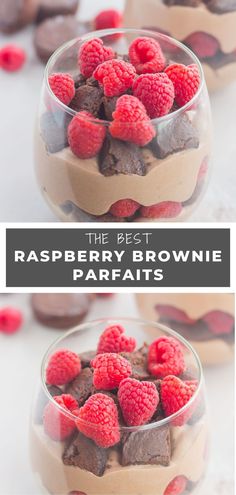 the best raspberry brownie parfaits in a bowl with chocolate chips and raspberries