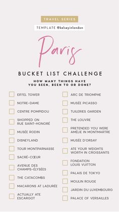 the paris bucket list is shown in pink and white with gold trimmings on it