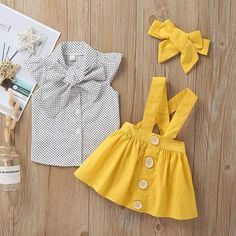 Sleeveless Polka Dot Dress Outfit - Momorii Dot Dress Outfit, Polka Dot Dress Outfit, Yellow Jumper, Overall Skirt, Headband Outfit, Solid Skirt, Baby Boutique Clothing, Bow Decor, Suspender Skirt