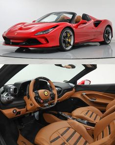 the interior and exterior of a red sports car