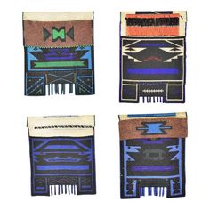 four pieces of woven material with fringes and designs on them, all in different colors