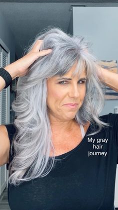 Erika Fenimore | Mature Beauty Bestie | My gray hair journey started way before the #grayhairmovement actually started. I didn’t really have a support system but I knew it was… | Instagram Long Layered Hair Grey, Long Grey Hair With Fringe, Long Curly Silver Hair, Silver Hair Front Strands, Long Layered Silver Hair With Bangs, Grey Hair With Bangs, Asian Long Hair, Grey Hair Journey