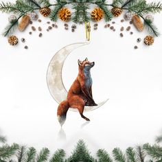 a red fox sitting on the moon surrounded by pine cones and fir trees with decorations