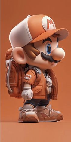 an orange and white mario bros figurine with a backpack on it's back