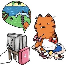 an image of a cat and hello kitty playing video games