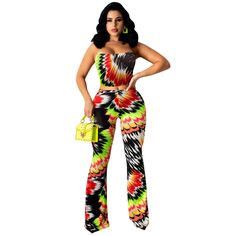 Sexy Summer Fashion Print Strapless Bra Crop Tops Straight-leg Pants Women Clothing Two Piece Set Trendy Strapless Denim Jumpsuit, Casual Multicolor Tube Top For Party, Trendy Stretch Strapless Jumpsuit, Summer Prints Fashion, Crop Top Bra, Pants Women, Strapless Bra, Two Piece Set, Two Piece Sets