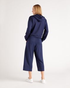 Welcome to next-level comfort from our SuperSoft fleece. These women's wide leg pants have stretch and feature front and back pockets for extra versatility. Plus, we included our GRS-certified poly yarn in this blend, which diverts plastics from ocean and landfill. So you can look good and feel good in this piece.  | Quince | Women's Wide Leg Fleece SweatPants in Navy, Supersoft Fleece Lounge Pants Capri, Size XL, Lenzing Modal Boyfriend Cardigan, Womens Wide Leg Pants, Cropped Wide Leg Pants, Blue Back, Fleece Sweatpants, Linen Short, Fleece Pants, Lounge Pants, Quince