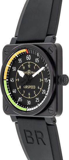 BR0192-Airspeed | BR-01-AIRSPEED BELL & ROSS AVIATION FLIGHT INSTRUMENTS MEN'S LIMITED EDITION WATCH Usually ships within 6 months | View In Stock Bell & Ross Watches Store Display Model (What's This?) - Free Overnight Shipping - With Manufacturer Serial Numbers - Swiss Made - Limited Edition, Numbered out of 999 Made - Black Dial - Yellow Arabic Numeral Hour & Minute Markers - Green, Yellow, Black & White Flange with Minute Track - Matte Black PVD Steel Bezel - 42 Hour Power Reserve - Self-winding Automatic Movement - ETA Caliber 2892 - Vibrations Per Hour: 28,800 - Jewels: 21 - 3 Year Warranty - Guaranteed Authentic - Certificate of Authenticity - Manufacturer Box & Manual - Matte Black PVD Steel Case - Black Rubber Strap - Anti-reflective Scratch Resistant Sapphire Crystal - 100 Meters Rolex Women, Bell Ross, Bell & Ross, Limited Edition Watches, Authentic Watches, Free Bracelet, Store Display, Watch Movement, Watch Sale