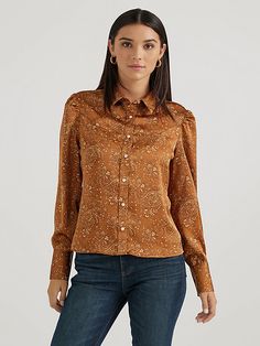 When you need a dressier alternative to your favorite denim, our Women’s Satin Rodeo Blouse has you covered. It’s crafted from the softest fabric with a hammered satin look. Plus, it features a pointed yoke in back, a fancy yoke in front, and pearl snaps to lend some Western authenticity to your outfit. Brown Fitted Western Shirt, Brown Button-up Shirt For Rodeo, Snap Button-up Tops For Rodeo, Rodeo Button-up Tops With Pockets, Western Long Sleeve Flannel Shirt With Button Closure, Short Uggs, Western Boots For Men, Work Boots Men, Boot Jewelry