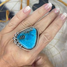 1/2 Price! SANTO Domingo Pueblo Native American BISBEE Turquoise and Sterling Silver Ring Size 7! Rare Large Bisbee Turquoise Handmade Ring made in New Mexico.  This ring is handmade from start to finish.  See pics and video for additional information and measurements. BISBEE Turquoise (Bisbee, AZ) is one of the most beautiful stones to be mined in North America. Its beautiful color and matrix are what I call 'eye candy.' If you are collecting turquoise pieces, owning some Bisbee is a must. Bisb Bohemian Untreated Blue Turquoise Ring, Artisan One Of A Kind Turquoise Ring, Artisan One-of-a-kind Blue Turquoise Ring, Unique Blue Turquoise Ring, Artisan Blue Rings One Of A Kind, Artisan Blue Ring, Handmade Artisan Turquoise Ring, Southwestern Blue Chrysocolla Rings, Bisbee Az