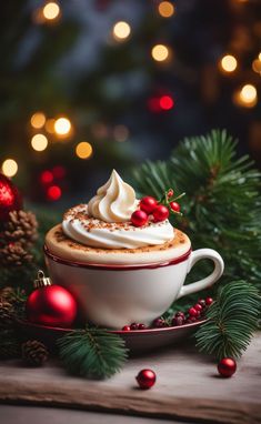 a cup of hot chocolate with whipped cream on top and christmas decorations around the edge