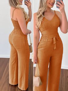 2pcs/Set Women Solid Color Camisole Top And Long Pants Orange Casual    Plain  Non-Stretch  Women Clothing, size features are:Bust: ,Length: ,Sleeve Length: Spring Casual Camisole Set, Casual Two-piece High Waist Jumpsuits And Rompers, Casual High-waist Two-piece Jumpsuits And Rompers, Casual Two-piece High Waist Jumpsuit, Casual Cami Sets For Summer, Casual Summer Cami Sets, Casual Spring Cami Sets, 2pcs Set Women, Swimsuit Set