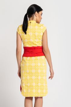 "A midi modern qipao dress featiring a high neck collar, - Modern cheongsam style - Mandarin neck with qipao closure (imitation) - Semi-Fitted pencil silhouette - Knee length (midi) - Sap sleeves - Side slits - Conceale back zipper closure - Wide red fabric belt included - Color: yellow & white jacquard - Fiber: cotton - 95%, elastane - 5% You may feel free choosing the size. Just send us your measurements (bust, waist, hips, height). For Size S: dress length - 40\" (102 cm) Our model wears Elegant Summer Dress For Tea Ceremony, Fitted Cheongsam For Summer Tea Ceremony, Fitted Summer Cheongsam For Tea Ceremony, Summer Fitted Cheongsam For Tea Ceremony, Summer Tea Ceremony Fitted Cheongsam, Traditional Fitted Dress With Stand Collar, Knee-length Fitted Ao Dai For Parties, Summer Formal Cheongsam With Stand Collar, Summer Dresses For Tea Ceremony