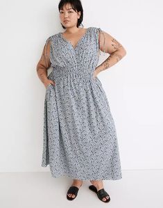 Plus Sophia Smocked Midi Dress in Florentine Floral Ditsy Floral Print, V Neck Midi Dress, Madewell Denim, Midi Length Dress, High Point, Ditsy Floral, Day Dresses, Smocking, Madewell