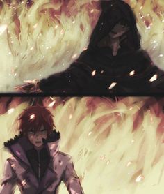 two panels of anime characters in front of fire and flames, one with red hair