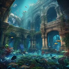 an underwater scene with many fish and plants in the water, surrounded by stone arches