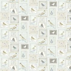 a wallpaper pattern with birds and frames on the wall in grey, beige and white colors