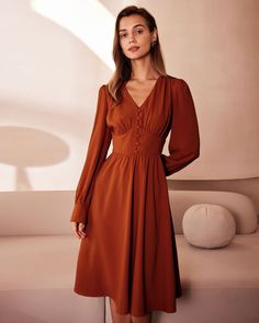 The Orange V Neck Pleated Button Midi Dress & Reviews - Orange - Dresses | RIHOAS Button Midi Dress, Tailored Clothes, Work Dresses For Women, V Neck Midi Dress, Pleated Midi Dress, Brown Dress, Orange Dress, Shop Maxi Dresses, Line Design