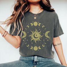 Sun And Moon Shirt, Boho Celestial Sun And Moon T-shirt, Hippie Shirt, Bohemian Sun And Moon Shirt, Oversized T-shirt, Comfort Colors, Witchy Stuff, Mystical Trendy Boho Astronomy Clothing 📝PLEASE NOTE📝 This is a standard unisex size Comfort Colors Tee. For an oversized tee, please size up. If you are looking for an oversized "T-shirt Dress" look, we recommend sizing up 2 sizes. Please review the size chart to ensure you receive the fit you want. Choose your t-shirt's color and size on the dro Celestial Tshirt, Celestial Graphic Print T-shirt For Summer, Casual Sun And Moon Design Short Sleeve T-shirt, Bohemian Cotton T-shirt With Sun And Moon Design, Bohemian Short Sleeve T-shirt With Moon Print, Hippie Shirt, Oversized T Shirt Dress, Moon Shirt, Trendy Boho