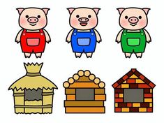 three little pigs in different outfits standing next to each other with their houses on them