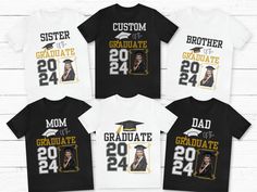 Show your support and how proud you are of that special graduate in your life with this custom family graduation shirt.  Personalize with any name you want and with the picture of the graduate.  Please see description below on how to order multiple shirts for a group. PERSONALIZATION Add the name to be shown on the shirt  For example: SISTER Please send a message to me after you order with a high resolution quality picture that you will like to have on the shirt.  HOW TO ORDER: Please pay partic Custom Print Black T-shirt For Graduation, Black T-shirt With Custom Print For Graduation, Customizable Short Sleeve T-shirt For Graduation Gift, Customizable Crew Neck T-shirt For Graduation Gift, Black Pre-shrunk T-shirt For Graduation Gift, Black Short Sleeve T-shirt For Graduation Gift, Black Tops With Letter Print For Graduation Party, Black Custom Print Top For Graduation, Customizable Graduation T-shirt With Crew Neck