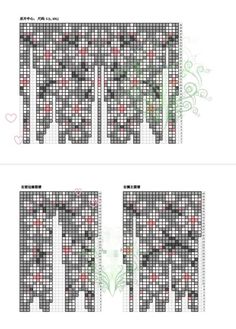 the cross stitch pattern is shown in three different colors and sizes, including one with red flowers