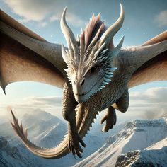 a large dragon flying over a mountain covered in snow