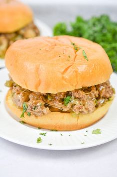 two sandwiches are sitting on a plate next to some parsley and broccoli