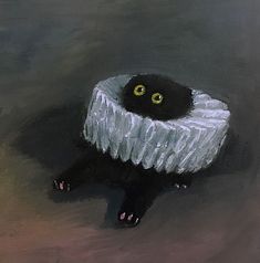 a painting of a black cat sitting in a white bowl with yellow eyes on it