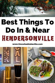 Hendersonville Things To Do Pinterest pin with three images including things to do near Hendersonville like Hooker Falls at Dupont State forest in the fall, one tall dark beer and one short beer from Oklawaha Brewing with drink local lighted sign in background, and plate of grape leaves and hummus from Pita Express, a Hendersonville restaurant South Carolina Vacation, South Carolina Travel, Retirement Travel, North America Travel Destinations, Western Nc