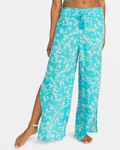 Roxy: Tropical Rhythm Wide Leg Beach Pant Split Leg Pants, Blue Margarita, Uv Shirt, Patterned Crop Top, Split Legs, Roxy Women, Beach Pants, Trouser Pants Women, Pants Blue