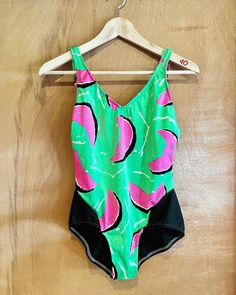 Gorgeous 80s/90s swimsuit in a fantastic watermelon print - made in New Zealand! The swimsuit is in really good condition and the best part - its not impossibly tiny!  SIZING:  With vintage items, because sizes in the past varied and dont always translate to modern sizing, flat lay measurements are whats given. This means I lay the garment on a table, and measure straight across the bust, waist and hips. You then double the measurements to give you the circumference or actual measurements as wou Fun Green Swimwear For Summer, Retro Green Swimwear For The Beach, Fun Green Swimwear For Pool, Retro Print Swimwear For Summer Beach, Retro Print Swimwear For Beach In Summer, Retro Print Beachwear Swimwear For Summer, Summer Beach Swimwear With Retro Print, Summer Beachwear Swimwear With Retro Print, Summer Beachwear With Retro Print