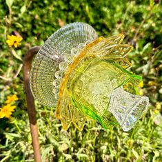 two glass dishes sitting on top of a wooden stick in the grass next to yellow flowers