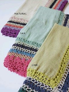 four crocheted scarves with different colors and sizes on them, all labeled in the same font