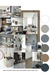 a collage of photos with different furniture and decor items in greys, neutrals, and browns