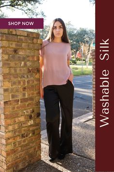 Experience the luxury of silk without the hassle of dry cleaning. Our washable silk pants for women come in chic black, trendy olive green, and rich wine. These stylish staples are perfect for any occasion - from a casual day out to a sophisticated evening event. #silkpants #washablesilk #silkoutfit #classy #classysilkoutfits #silkpantsoutfitclassy Chic Satin Tapered Leg Pants, Chic Silk Bottoms With Bias Cut, Chic Silk Bias Cut Bottoms, Silk Wide-leg Daywear Pants, Silk Wide-leg Pants For Daywear, Chic Silk Pants For Daywear, Summer Silk Bottoms With Bias Cut, Summer Silk Bias Cut Bottoms, Chic Full Length Silk Pants