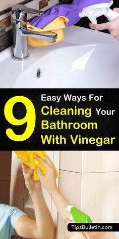 a woman is cleaning her bathroom with vinegar