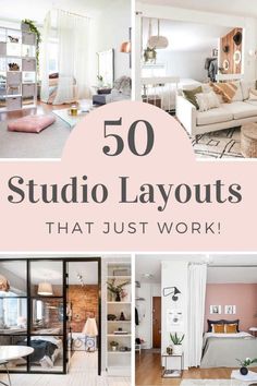 the words, 50 studio layouts that just work are shown in pink and white