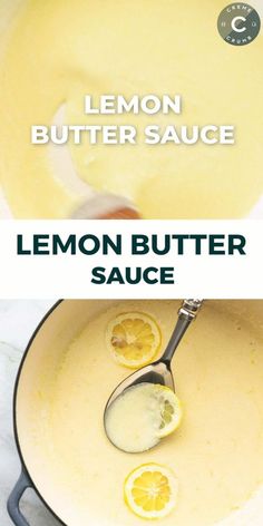 lemon butter sauce in a skillet with the words, lemon butter sauce on it