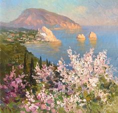 an oil painting of some flowers by the water with mountains in the background and blue sky