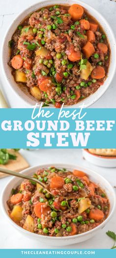 the best ground beef stew in a white bowl with peas and carrots on top