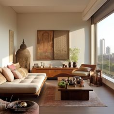 a living room filled with furniture next to a large window overlooking a cityscape