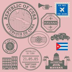 stamps with different countries and their flags on them, including the flag of cuba in grey ink