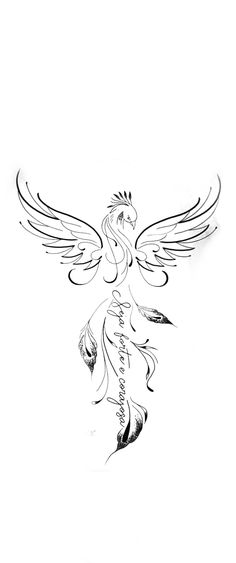 a black and white drawing of a bird with wings on it's back side