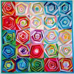 an abstract painting with many different colors and shapes on the paper, it looks like hexagonals